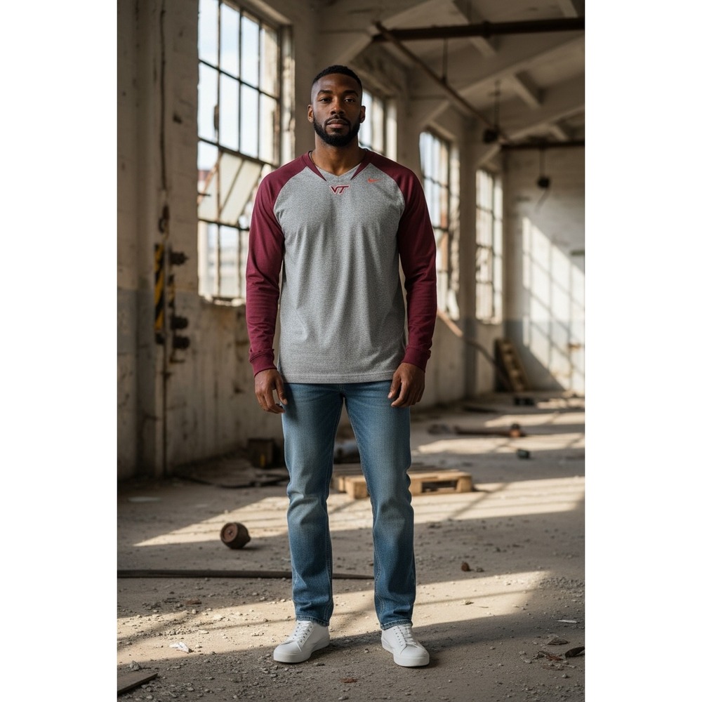 Nike Team Virginia Tech Hokies Mens XL Long Sleeve Raglan Shirt Grey Maroon VT